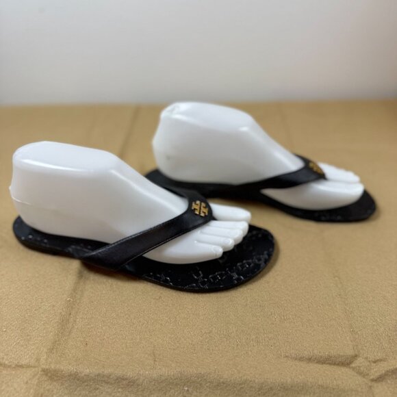Tory Burch Monroe Black Leather Logo Flip Flops Womens Size 8M Embossed Sole - Picture 5 of 10